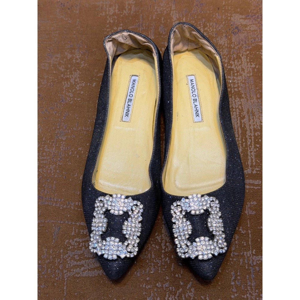 Manolo Blahnik Hangisi Black Glitter Crystal Buckle Pointed Toe Flats Size 41